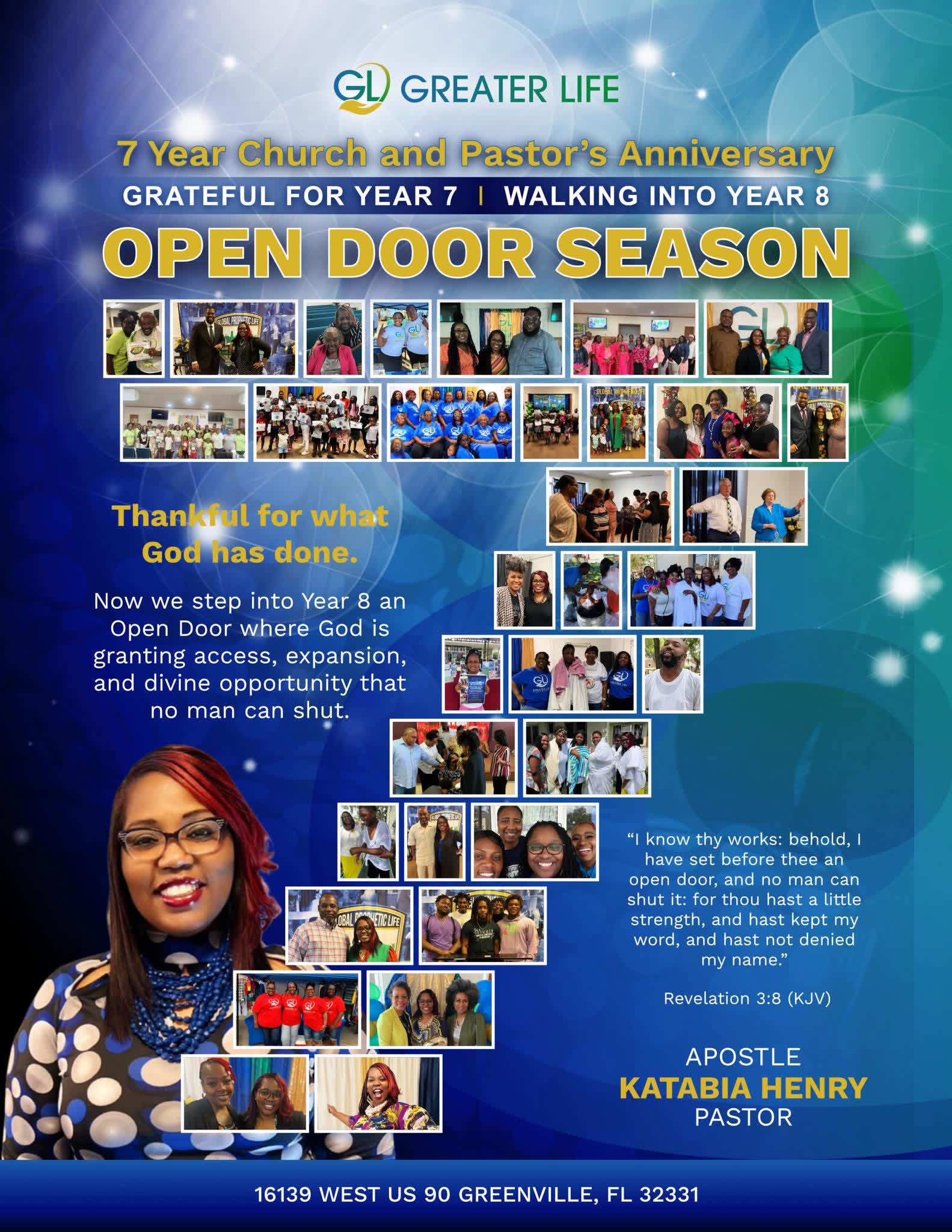Greater Life anniversary graphic celebrating seven years and Open Door Season